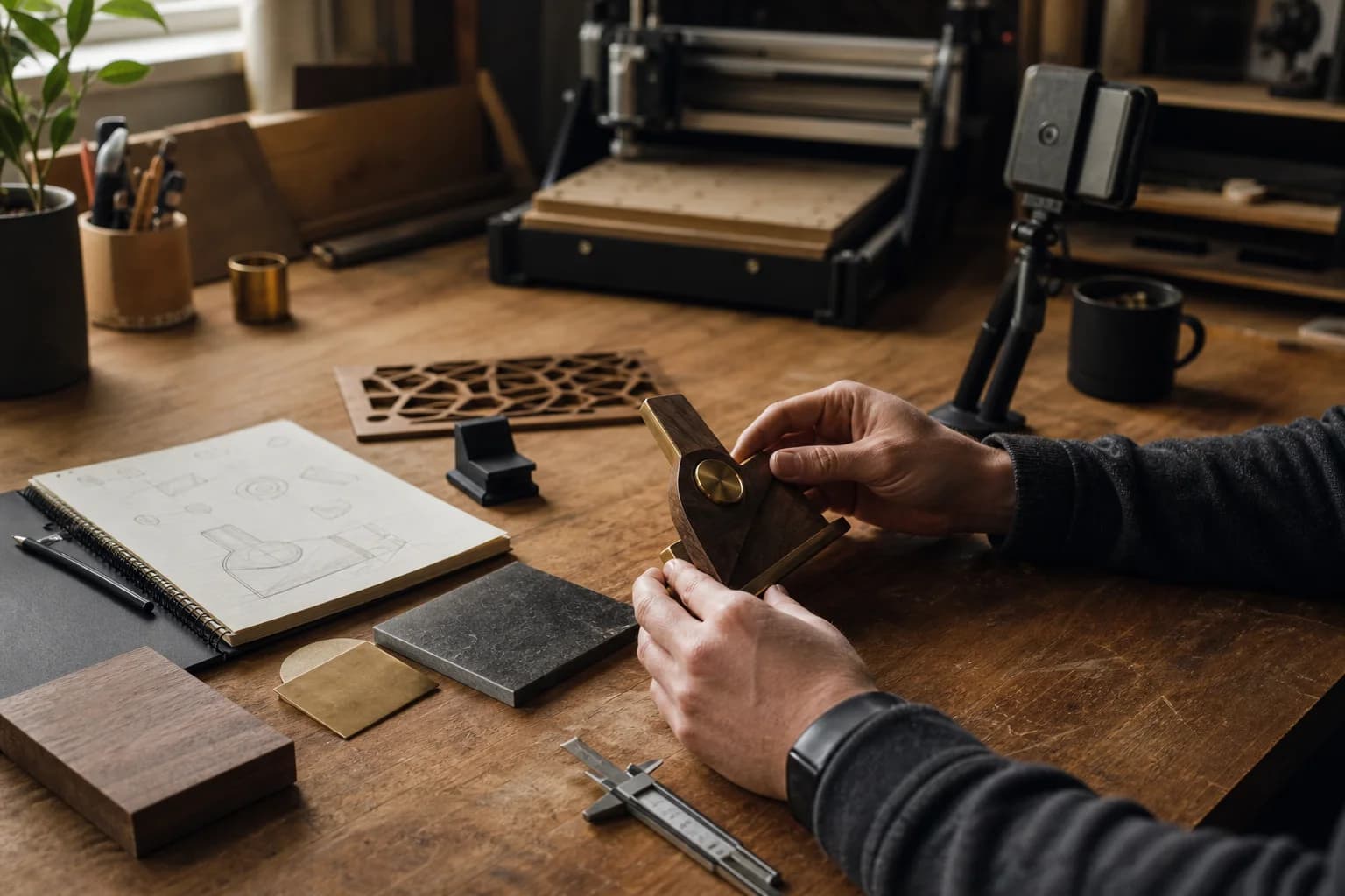 A maker documenting a walnut and brass project at a workshop bench